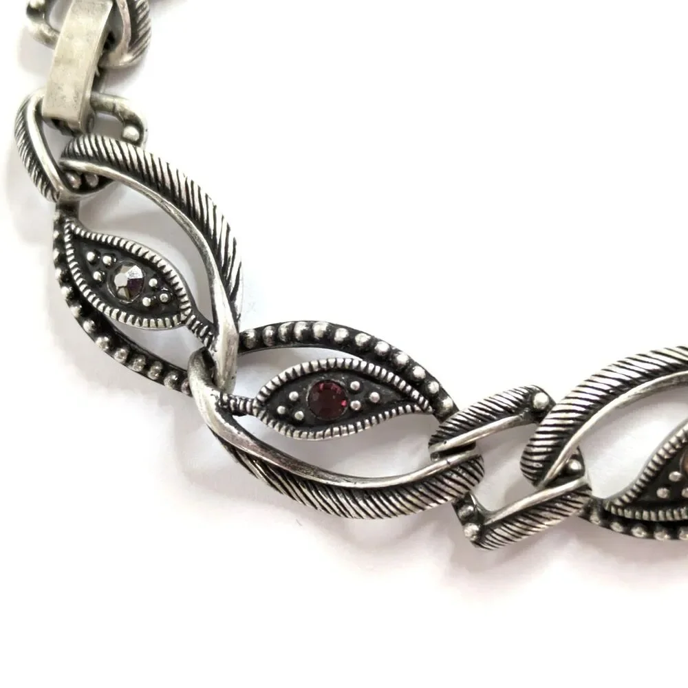 Marquise Eye Shaped Silver Tone Textured Link Bracelet Marcasite Style 6.5